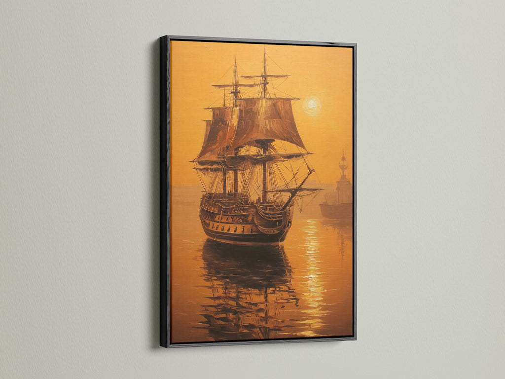 Artwork of a sailing ship in a black floating frame. The artwork is a beautiful depiction of a ship sailing. The black frame adds a touch of elegance and sophistication to the piece. Perfect for adding a touch of nautical charm to any room. The artwork is sure to be a conversation starter for your guests.