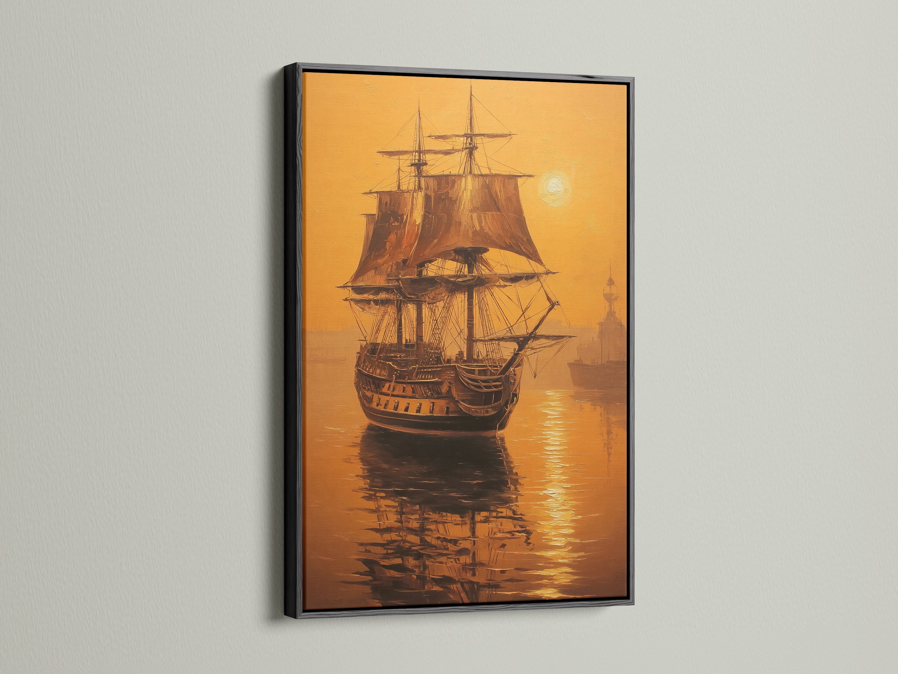 Artwork of a sailing ship in a black floating frame. The artwork is a beautiful depiction of a ship sailing. The black frame adds a touch of elegance and sophistication to the piece. Perfect for adding a touch of nautical charm to any room. The artwork is sure to be a conversation starter for your guests.