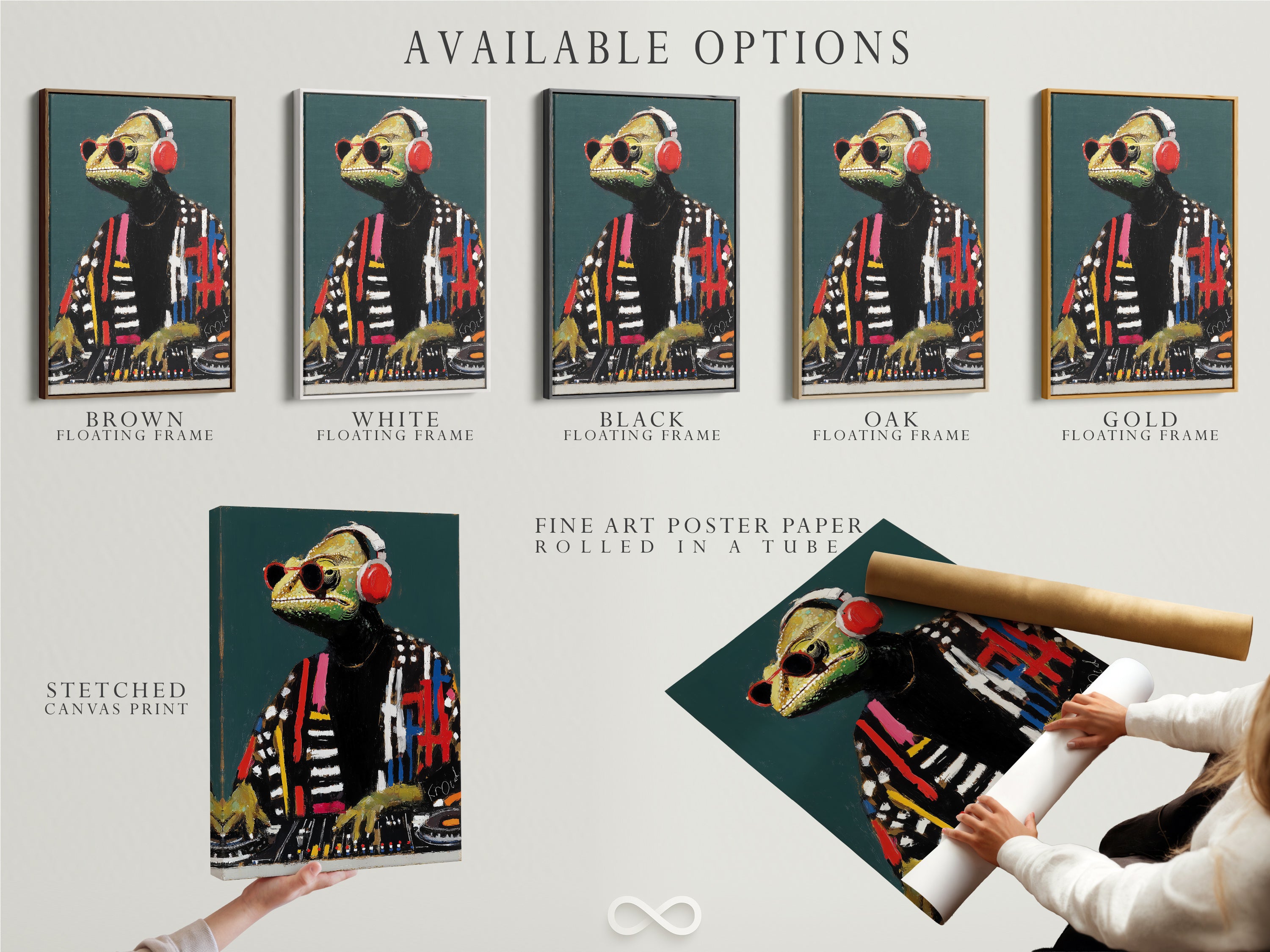 Available options for the DJ Iguana: stretched canvas print fine art poster paper and floating frame. Choose the best format for your music lover gift. Customize your reptile art print to match your style. Contemporary art for all.