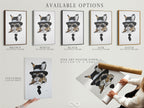 Available options for the Gentleman Rabbit artwork. Choose from a stretched canvas print fine art poster paper or floating frame. Each option offers a unique look. Select the perfect style for your decor. Enhance your space with this whimsical animal portrait.
