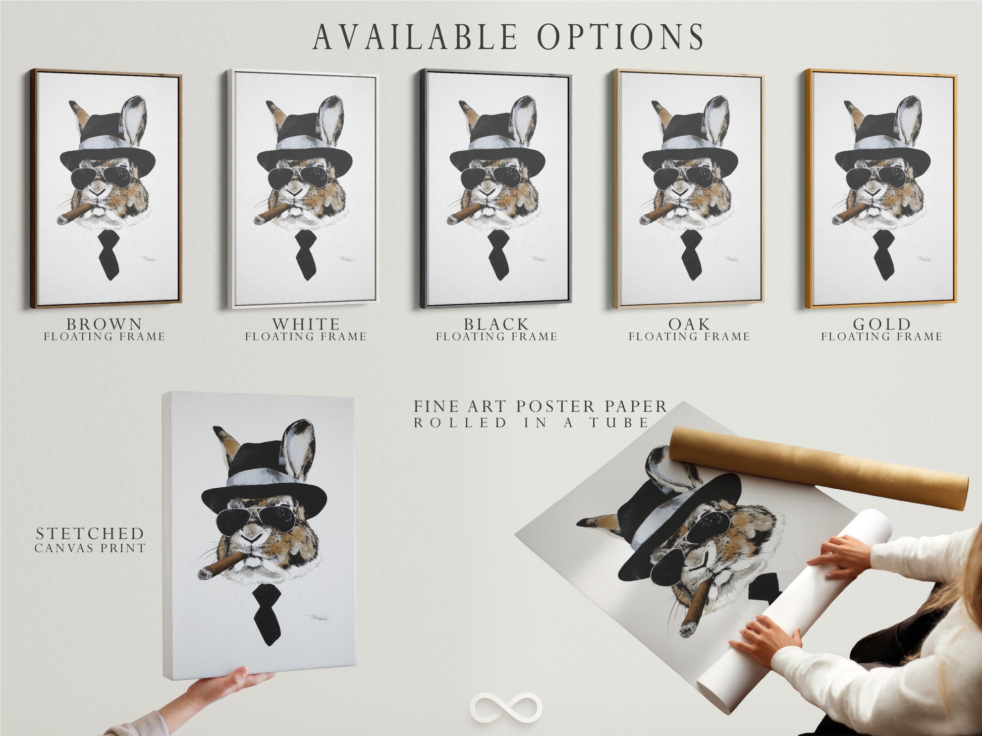 Available options for the Gentleman Rabbit artwork. Choose from a stretched canvas print fine art poster paper or floating frame. Each option offers a unique look. Select the perfect style for your decor. Enhance your space with this whimsical animal portrait.