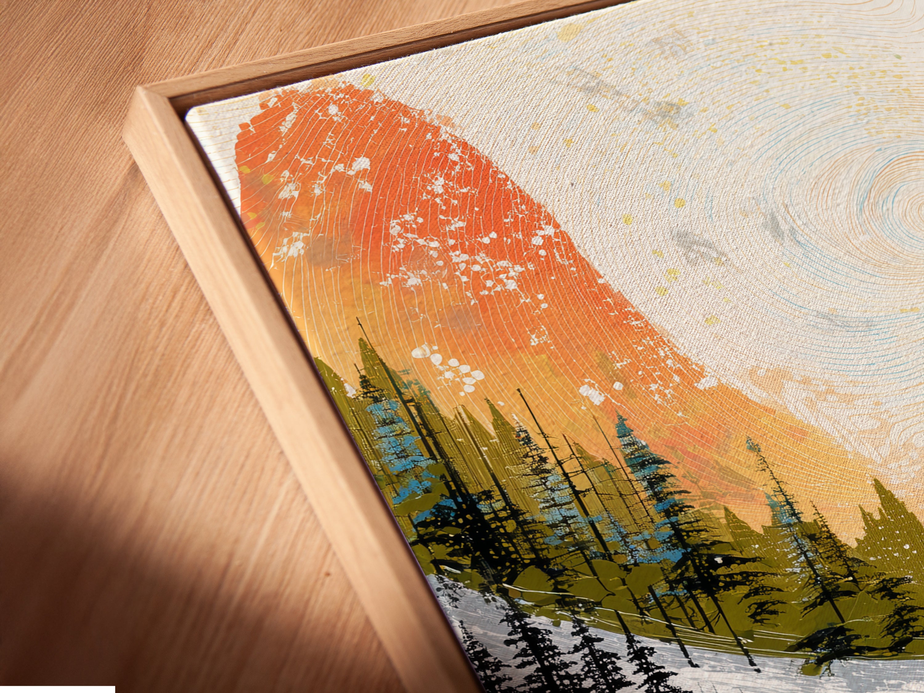 Get a close-up view of this canvas print in a floating frame. The winter mountain river artwork features teal and orange hues. See how this modern piece enhances your wall decor. Perfect for adding a touch of elegance to any room. Discover the beauty and quality of our framed artwork.
