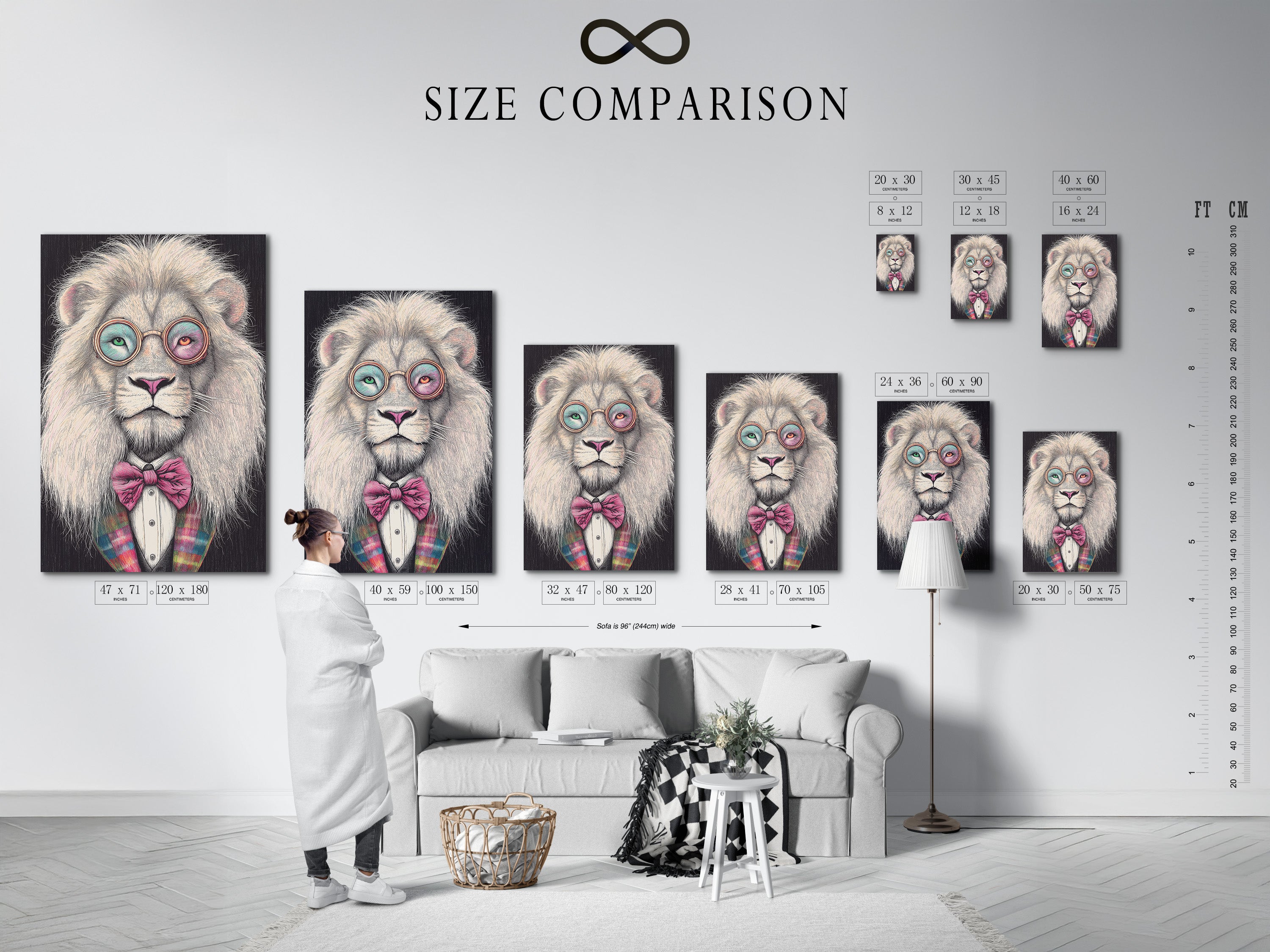 A size comparison chart is shown in an interior setting. The chart displays available sizes for a Hipster Lion canvas print. This quirky animal art is perfect for adding character to any space.