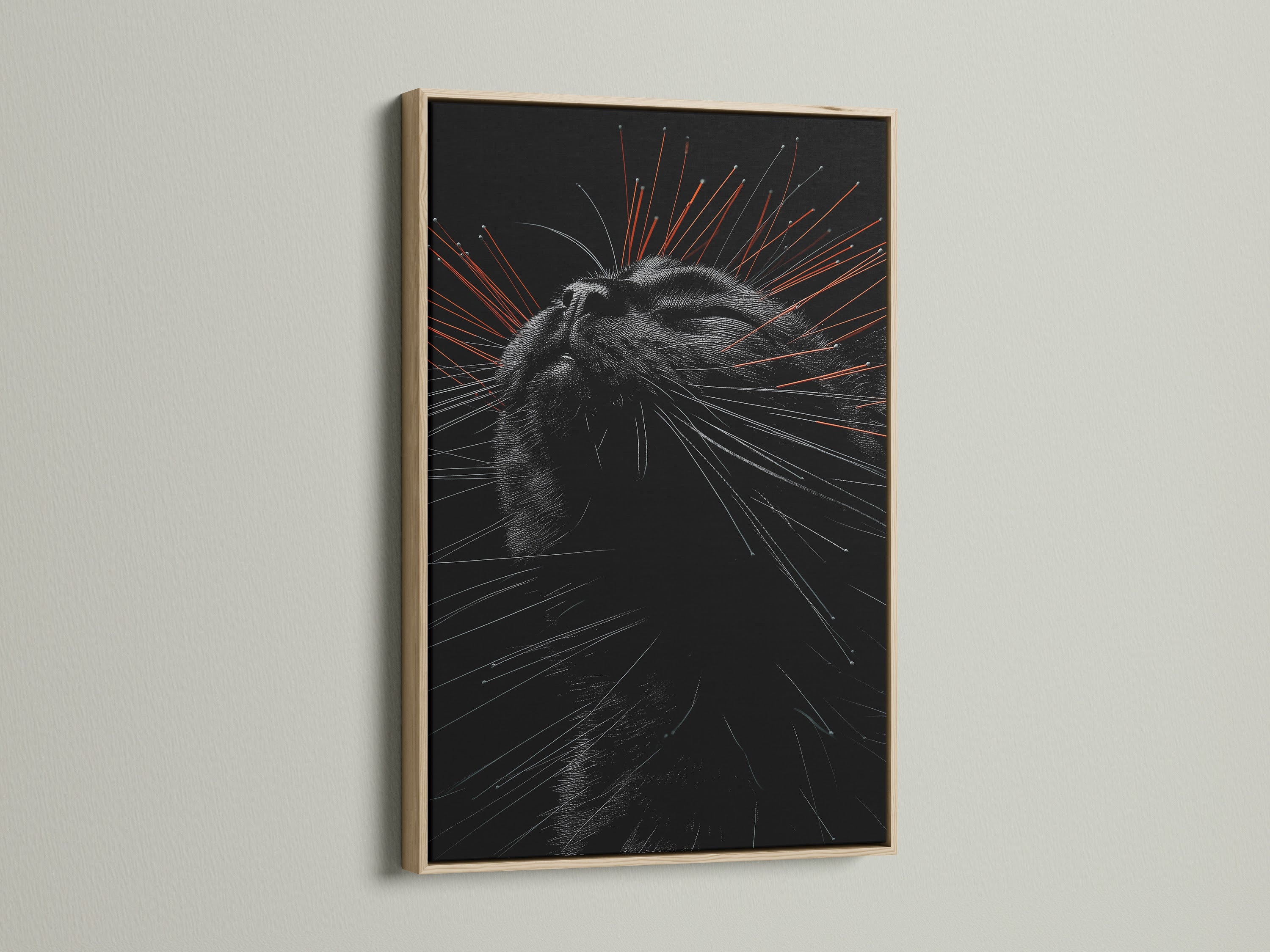 A close-up shows a Modern Wall Art cat portrait in an oak frame. This feline canvas print elevates minimalist decor. Perfect for cat lovers seeking pet portrait art or bedroom wall art. Discover unique animal art today.