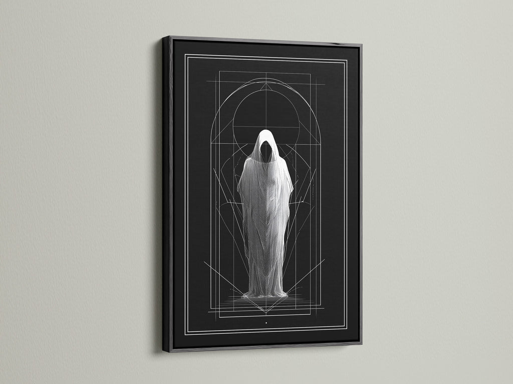 Artwork displayed in a black frame. The art features a figure in a shroud. Geometric lines accent the piece. A black frame adds modern flair. Explore stretched canvas and fine art paper options. Different frame colors available. Add a sophisticated touch to your walls.