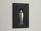Artwork displayed in a black frame. The art features a figure in a shroud. Geometric lines accent the piece. A black frame adds modern flair. Explore stretched canvas and fine art paper options. Different frame colors available. Add a sophisticated touch to your walls.