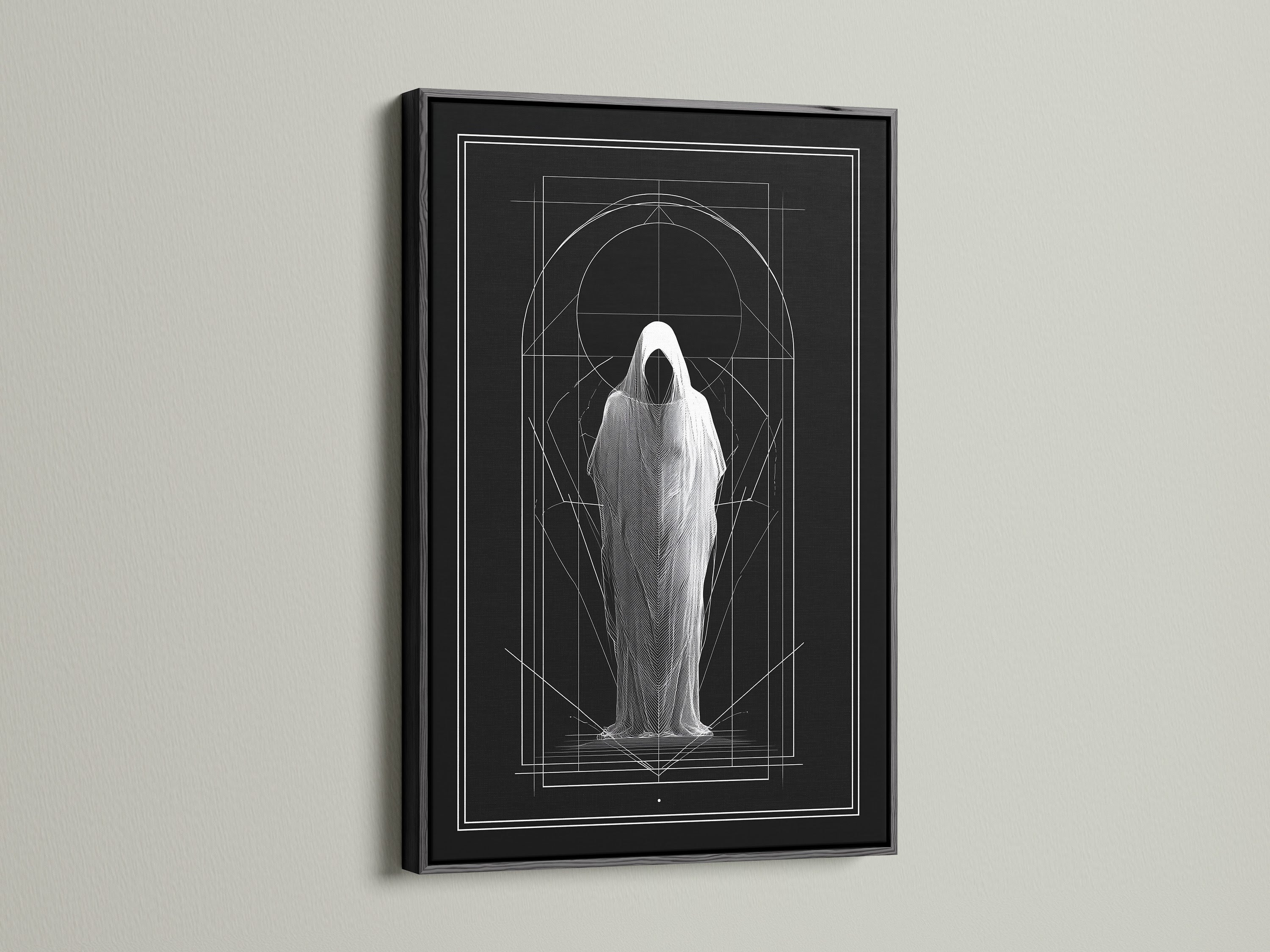 Artwork displayed in a black frame. The art features a figure in a shroud. Geometric lines accent the piece. A black frame adds modern flair. Explore stretched canvas and fine art paper options. Different frame colors available. Add a sophisticated touch to your walls.