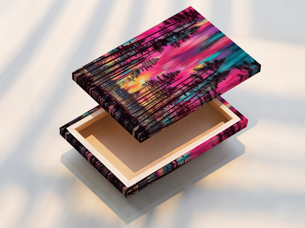 A stretched canvas print of the Aurora Borealis. The artwork showcases a colorful forest under the northern lights. This nature print is perfect for living room wall art or bedroom wall decor. Ideal for Scandinavian or minimalist decor.