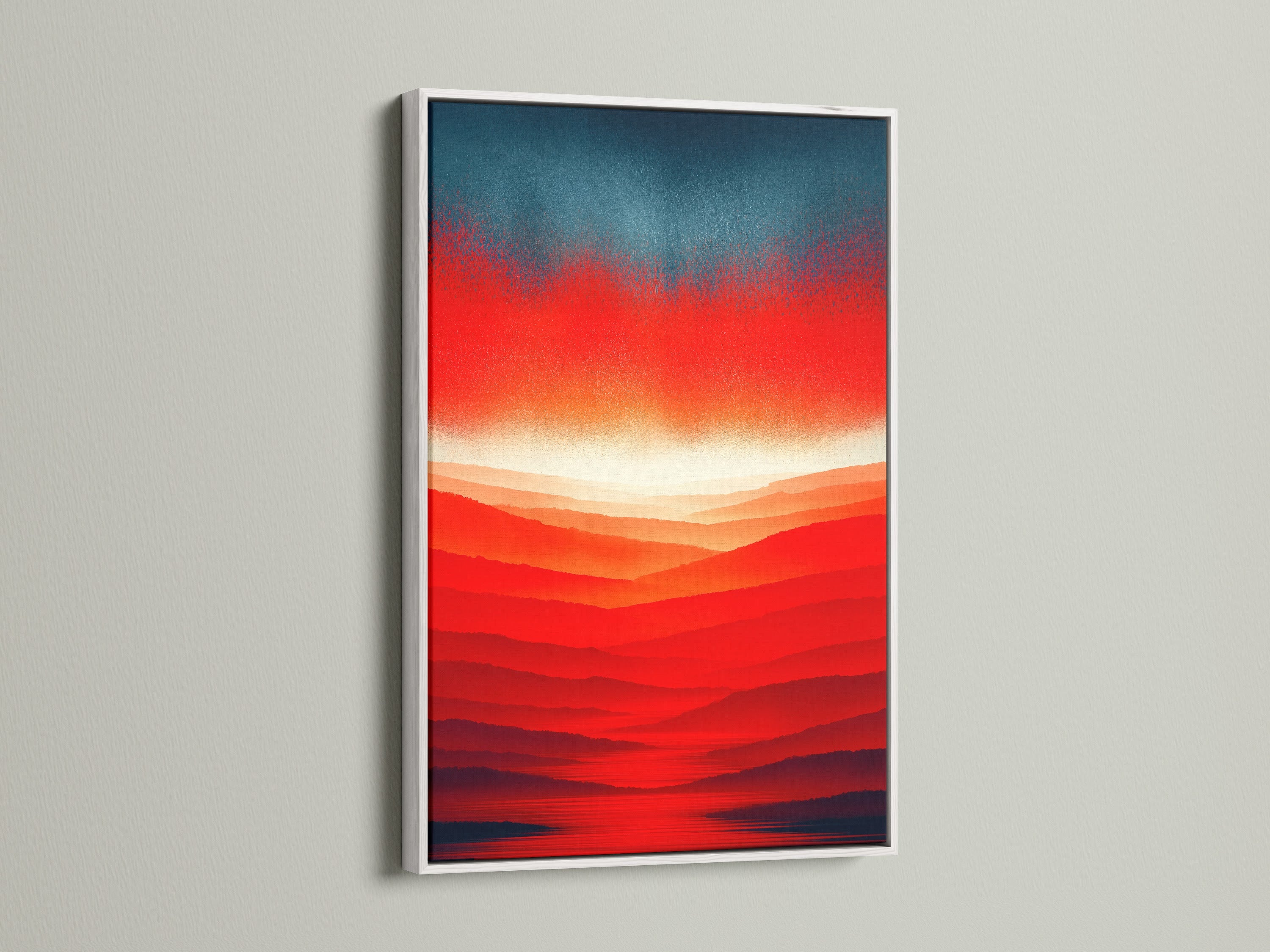 The modern gradient artwork with a red orange mountain landscape is elegantly displayed in a white frame. This abstract sunset art enhances bedroom wall decor. It creates a contemporary print and vibrant horizon.