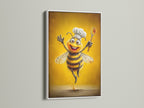 Chef Bee artwork in a white floating frame. This cooking art print enhances any kitchen. The whimsical bee print is perfect for cafe decor. Elevate your dining room wall decor with funny kitchen art.