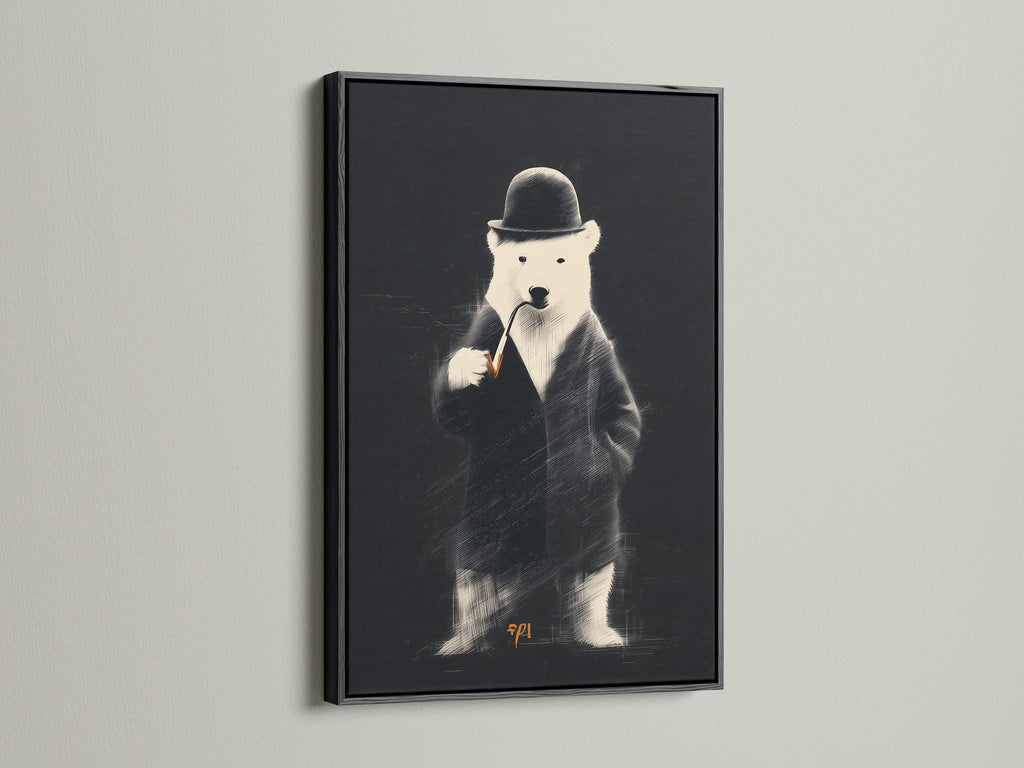 A black frame surrounds an artwork. The artwork is a bear in a suit. Black frames add sophistication and contrast. They make artwork pop on lighter walls. It's a bold choice for artwork presentation.