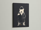 A black frame surrounds an artwork. The artwork is a bear in a suit. Black frames add sophistication and contrast. They make artwork pop on lighter walls. It's a bold choice for artwork presentation.