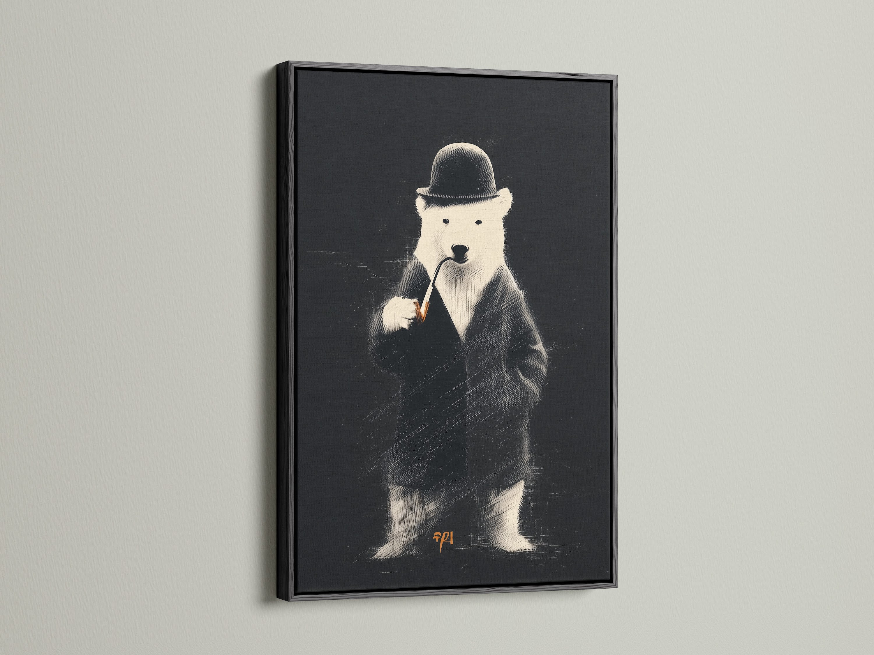 A black frame surrounds an artwork. The artwork is a bear in a suit. Black frames add sophistication and contrast. They make artwork pop on lighter walls. It's a bold choice for artwork presentation.
