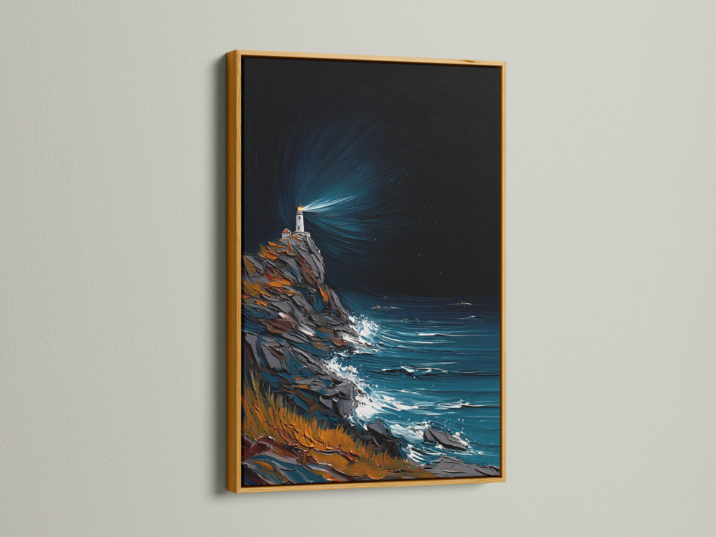 Lighthouse coastal artwork displayed in a gold frame. The gold frame brings a touch of elegance to the ocean wave art. Nautical decor suitable for various interior styles. Perfect for lake houses and foyers.