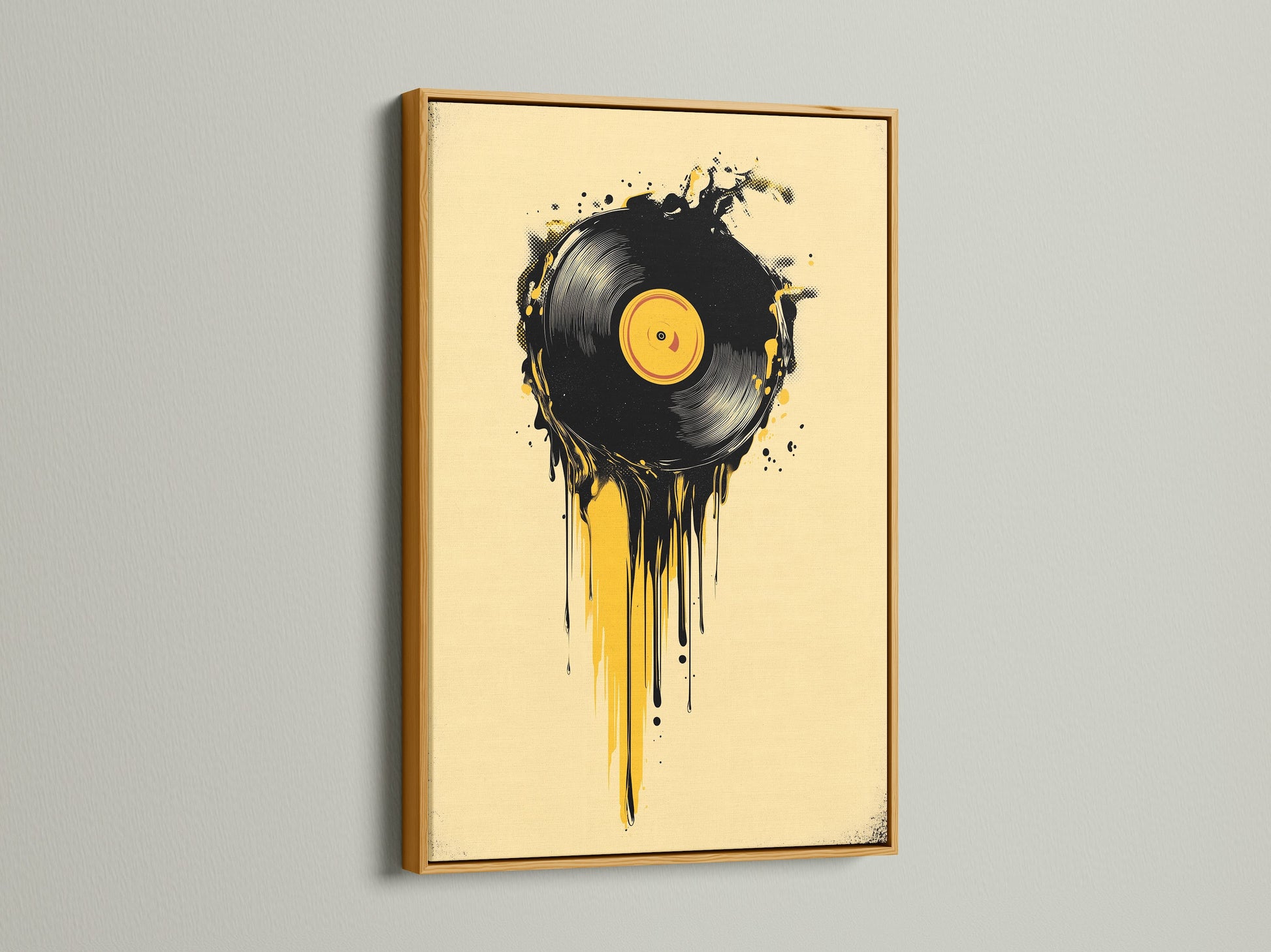 Artwork featuring a vinyl record with dripping paint in a gold frame. A gold frame adds a touch of luxury. The gold frame enhances the artwork's vibrant colors. This artwork is perfect for making a statement. Discover the elegance of a gold frame.