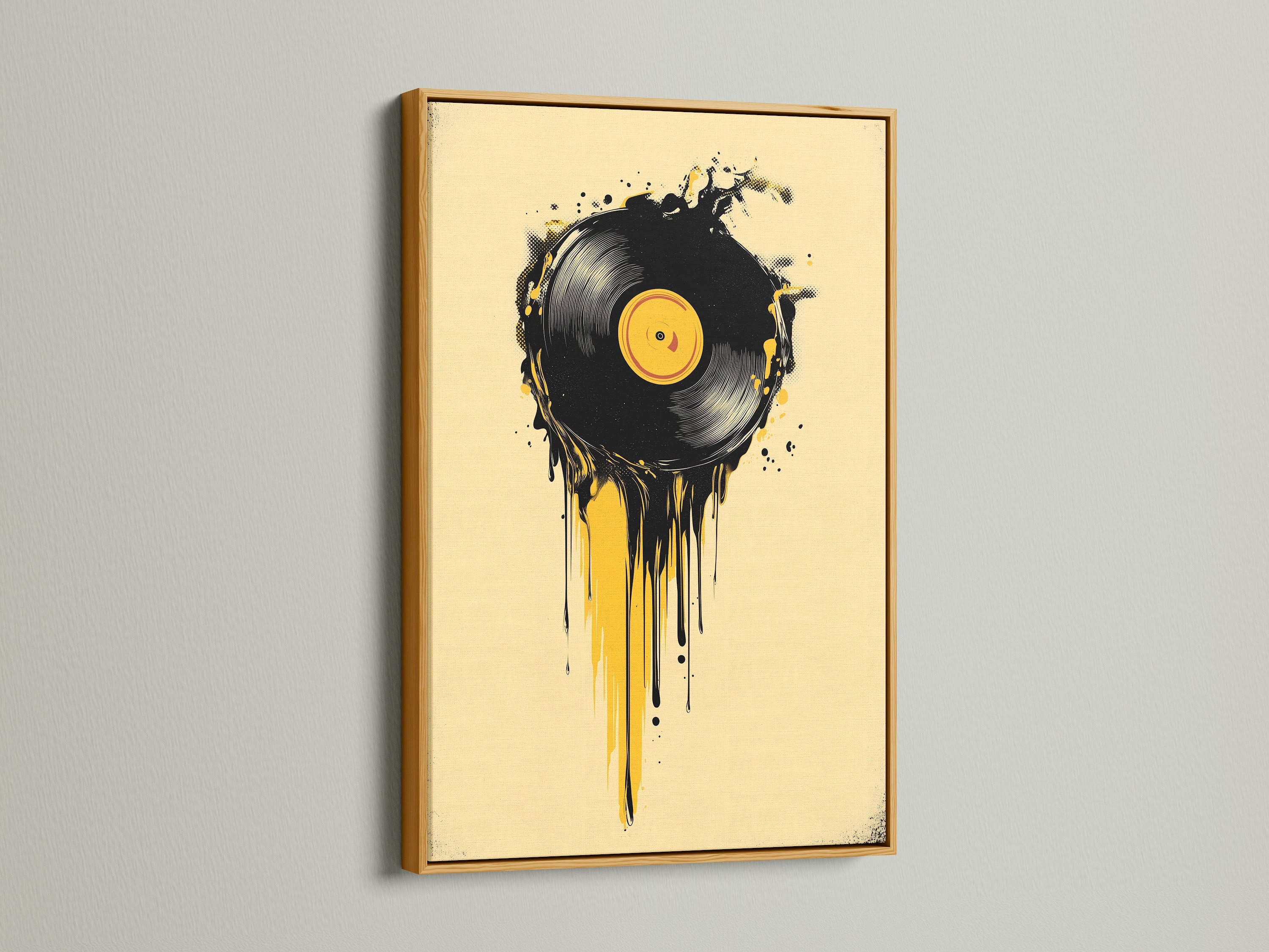 Artwork featuring a vinyl record with dripping paint in a gold frame. A gold frame adds a touch of luxury. The gold frame enhances the artwork's vibrant colors. This artwork is perfect for making a statement. Discover the elegance of a gold frame.