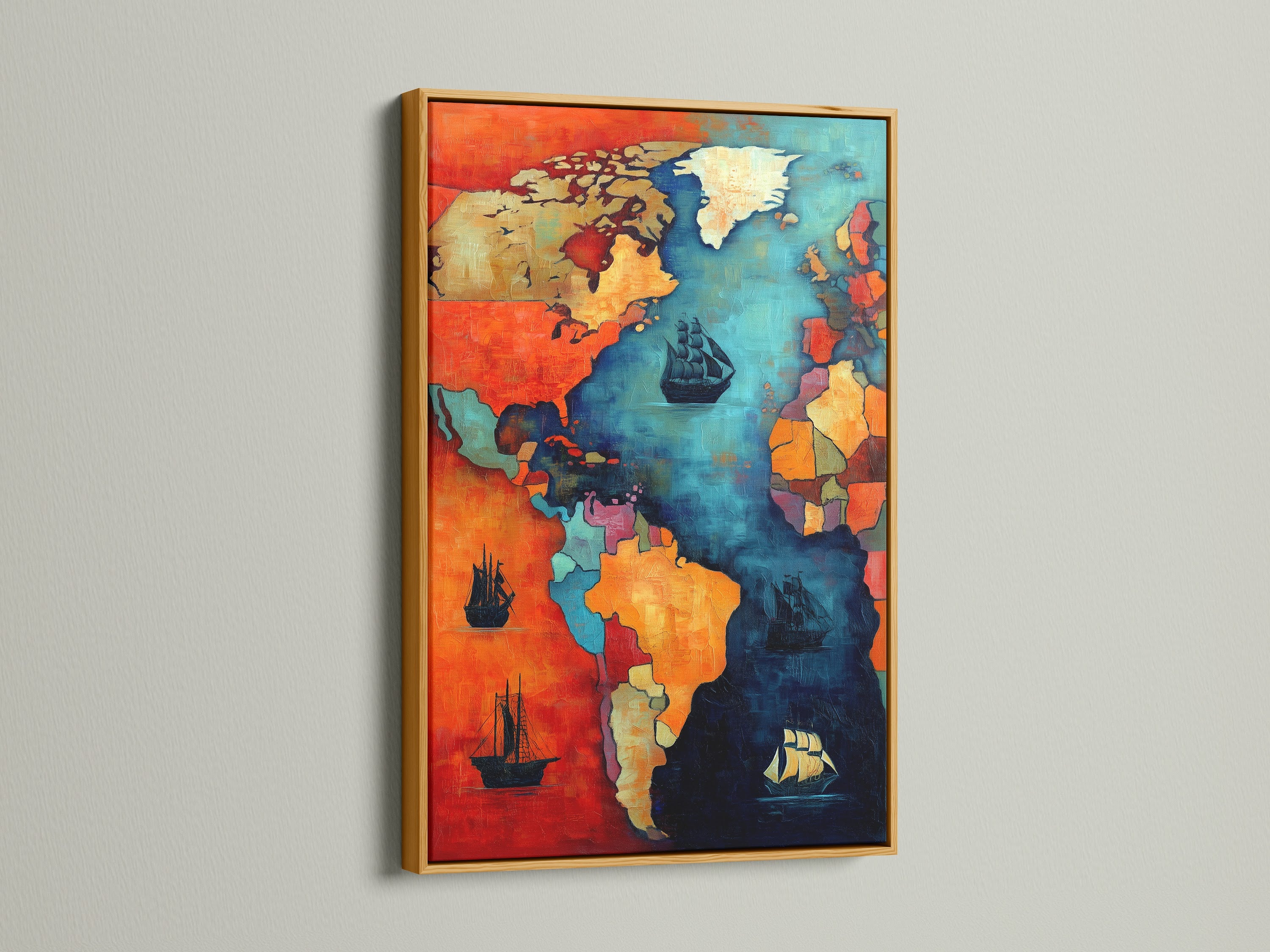The vintage world map artwork is displayed in a gold frame. The nautical chart wall art shines with elegance. The teal and coral colors create a stunning piece. This artwork will elevate your living room bedroom or office. It makes a luxurious gift for map lovers.