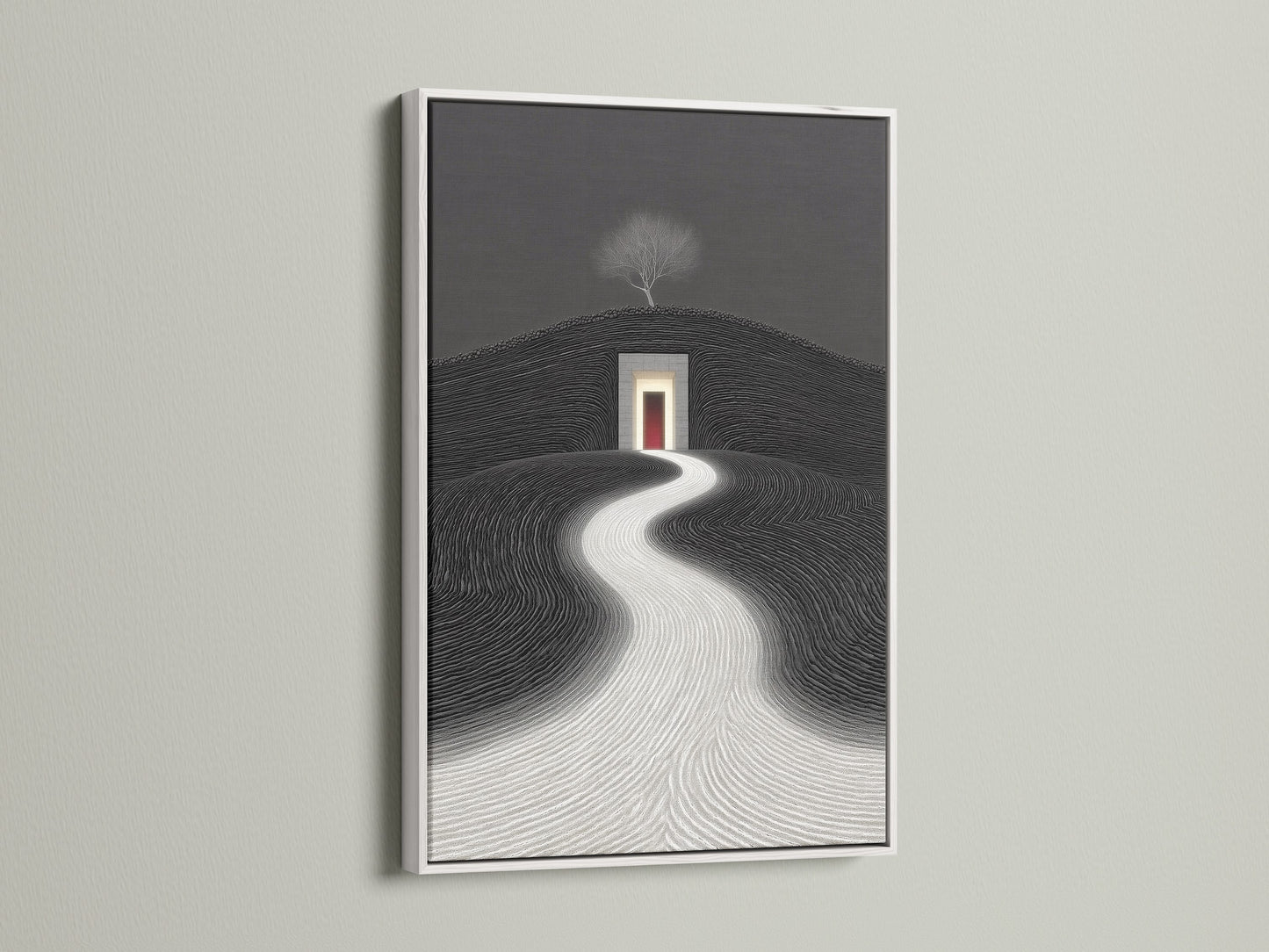 View a minimalist landscape canvas in a white frame. This geometric artwork offers a modern touch. It's ideal for contemporary home decor. The black and white art creates a serene atmosphere. Perfect for bedroom wall decor.