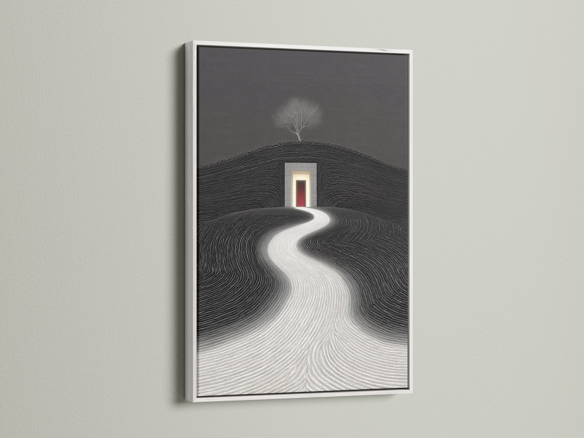 View a minimalist landscape canvas in a white frame. This geometric artwork offers a modern touch. It's ideal for contemporary home decor. The black and white art creates a serene atmosphere. Perfect for bedroom wall decor.