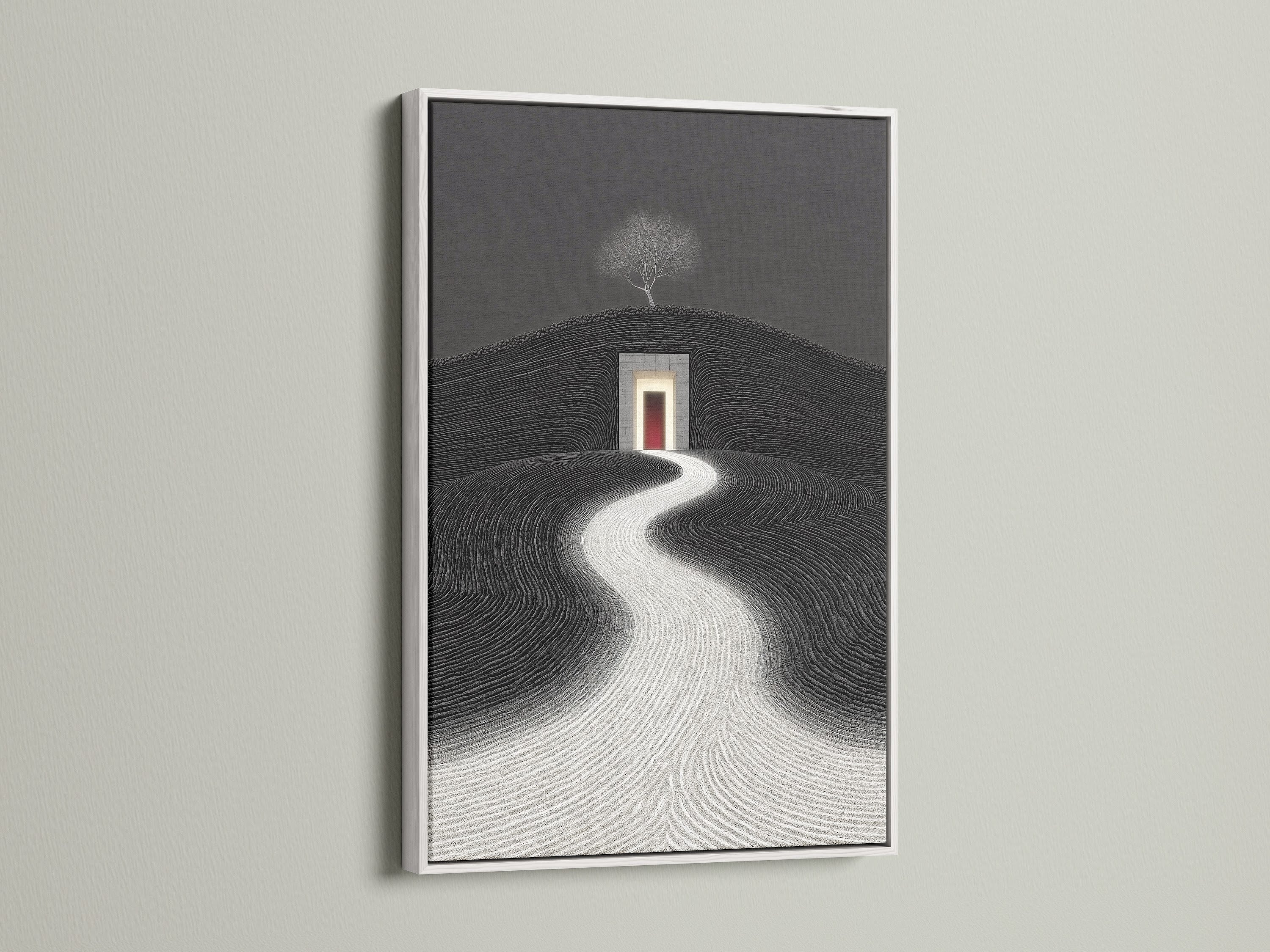 View a minimalist landscape canvas in a white frame. This geometric artwork offers a modern touch. It's ideal for contemporary home decor. The black and white art creates a serene atmosphere. Perfect for bedroom wall decor.