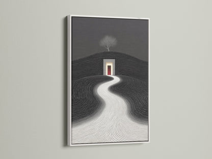 View a minimalist landscape canvas in a white frame. This geometric artwork offers a modern touch. It's ideal for contemporary home decor. The black and white art creates a serene atmosphere. Perfect for bedroom wall decor.