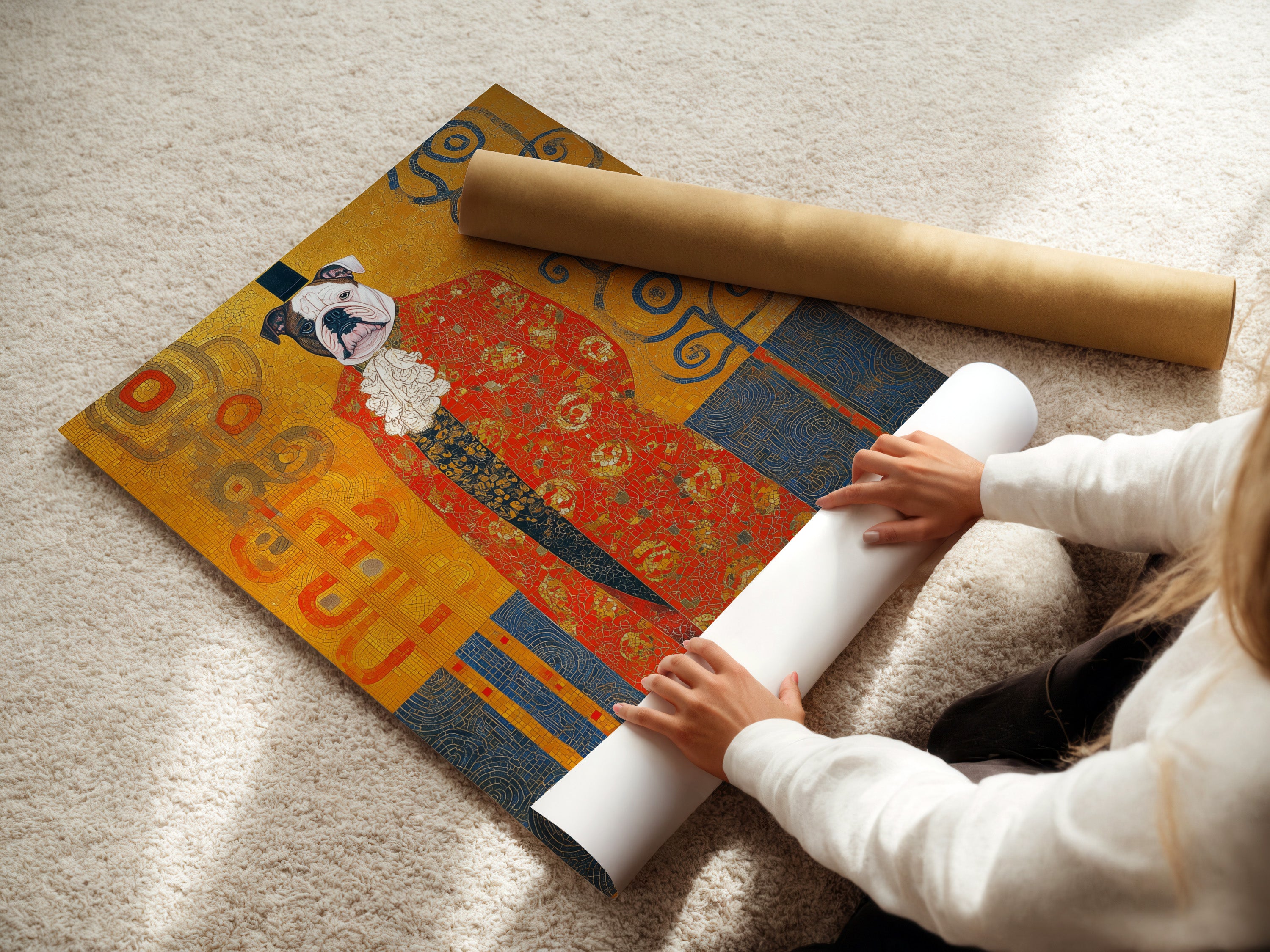 A woman is carefully rolling a fine art poster paper. The paper features a Victorian Bulldog art print. This Gustav Klimt style dog portrait is ready for framing. It will bring ornate animal wall art to your study room. This is ideal for vintage or eclectic decor.