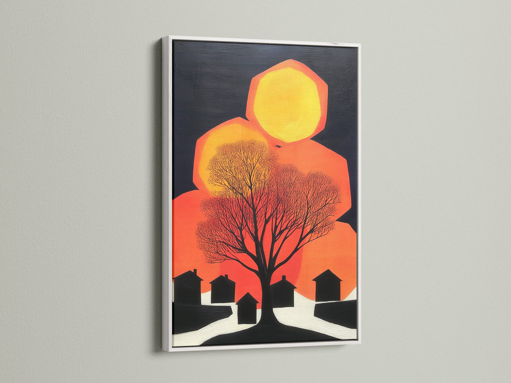 Abstract tree print displayed in a white frame. The geometric prints and abstract artwork enhance minimalist spaces. This modern wall decor brings sophistication. It's perfect for any living space.