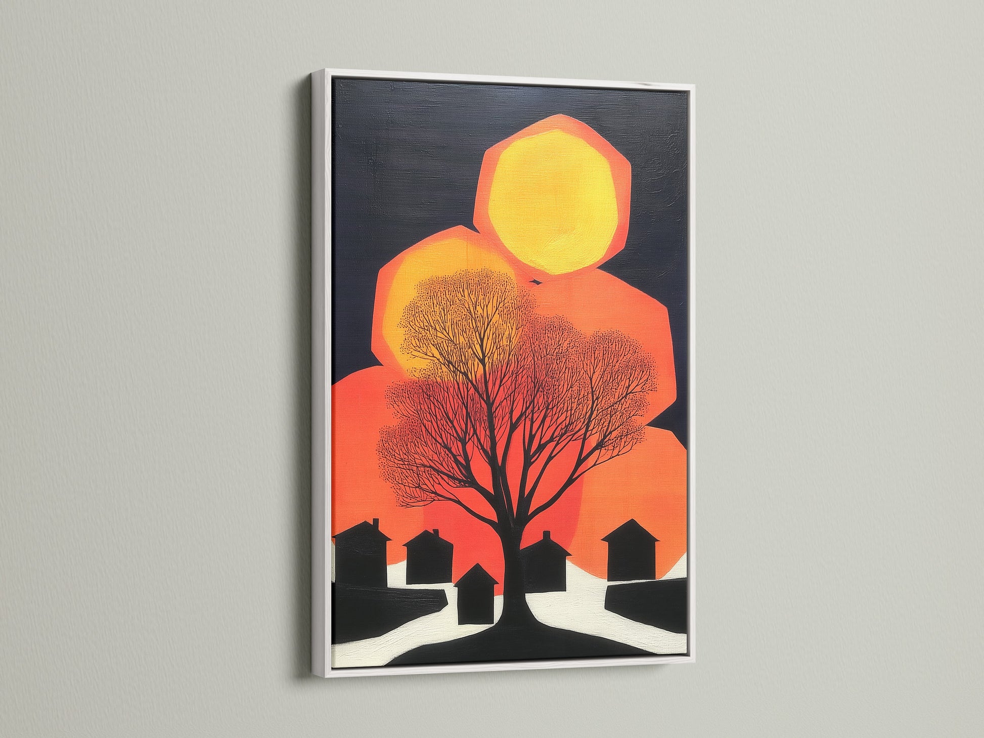 Abstract tree print displayed in a white frame. The geometric prints and abstract artwork enhance minimalist spaces. This modern wall decor brings sophistication. It's perfect for any living space.