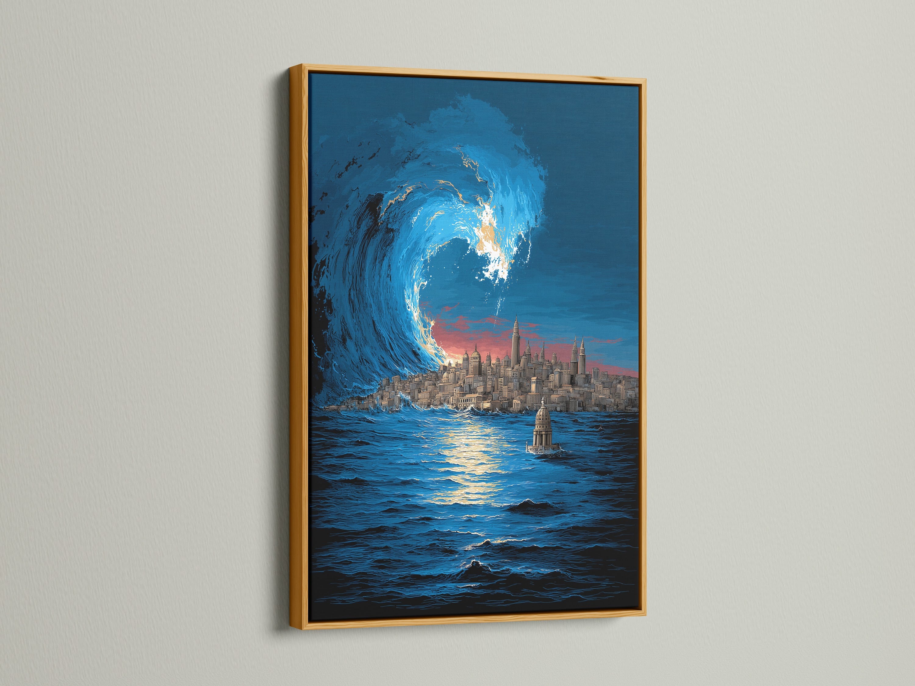 A gold frame adds a touch of luxury to this ocean wave artwork. The artwork features a dramatic seascape with the NYC skyline. This coastal wall art brings sophistication to any room. It’s perfect for creating a stylish and elegant nautical theme.