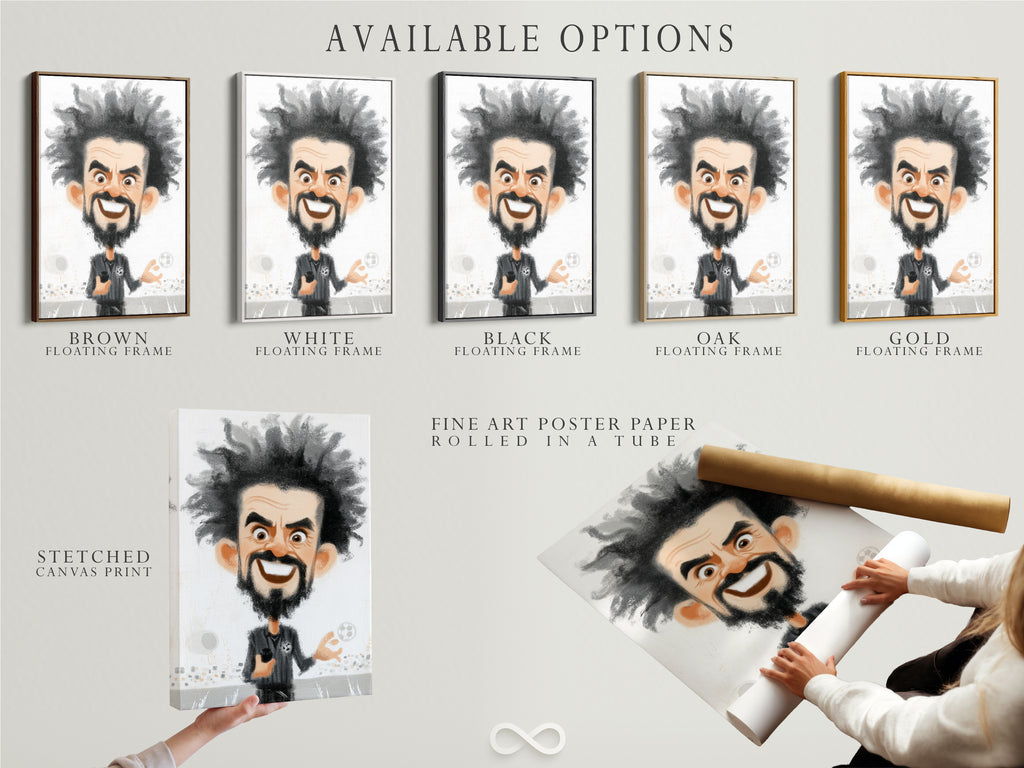Available options include a stretched canvas print fine art poster paper and a floating frame. Displayed is the soccer coach caricature artwork. This cartoon art is a unique sports-themed gift for him.
