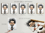 Available options include a stretched canvas print fine art poster paper and a floating frame. Displayed is the soccer coach caricature artwork. This cartoon art is a unique sports-themed gift for him.