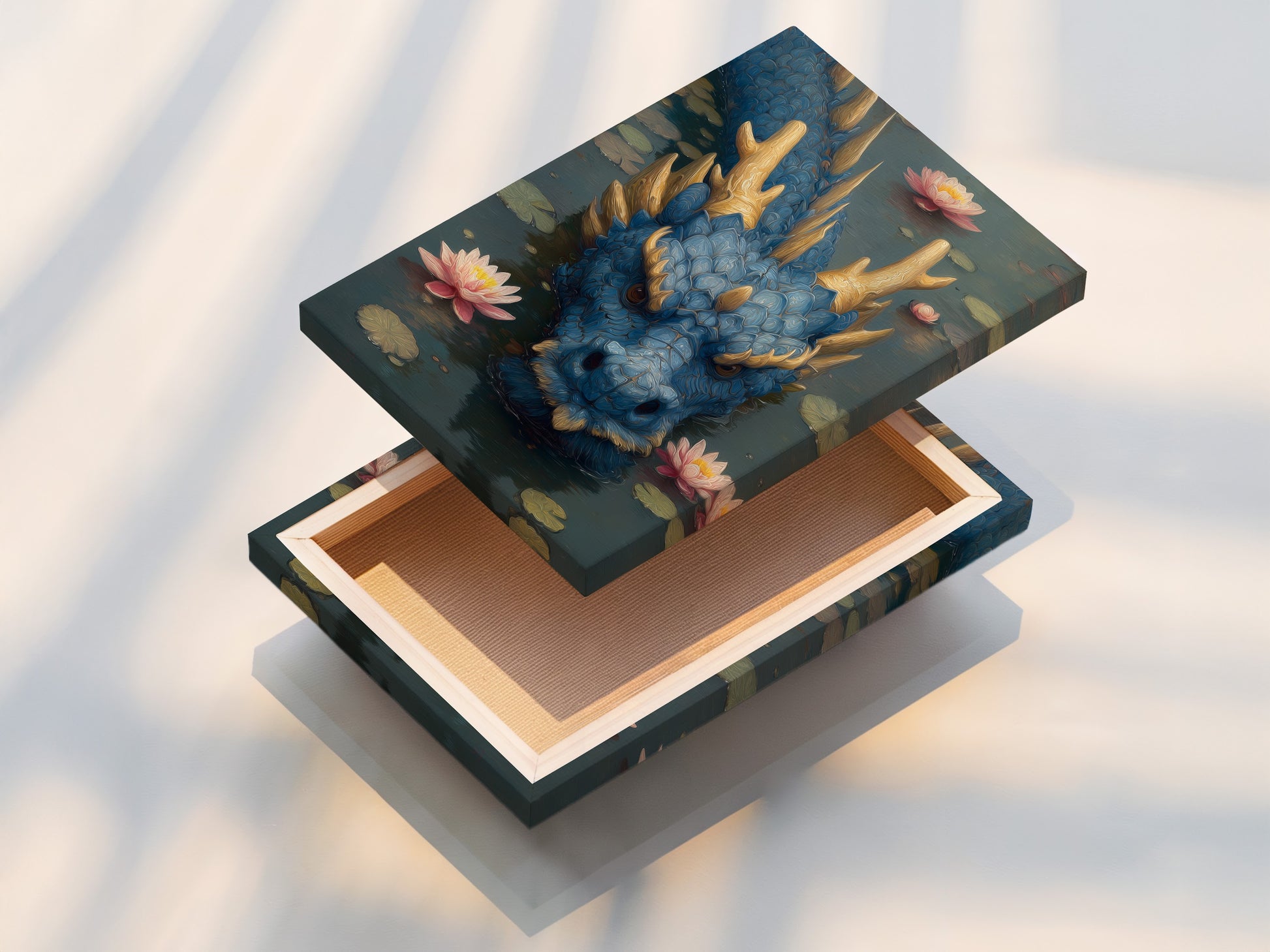 A stretched canvas print displays a blue dragon in a pond. Pink lotus flowers add a serene touch. The canvas is stretched perfectly. Enjoy gallery-quality art with our durable stretched canvas prints. A great addition to any room.