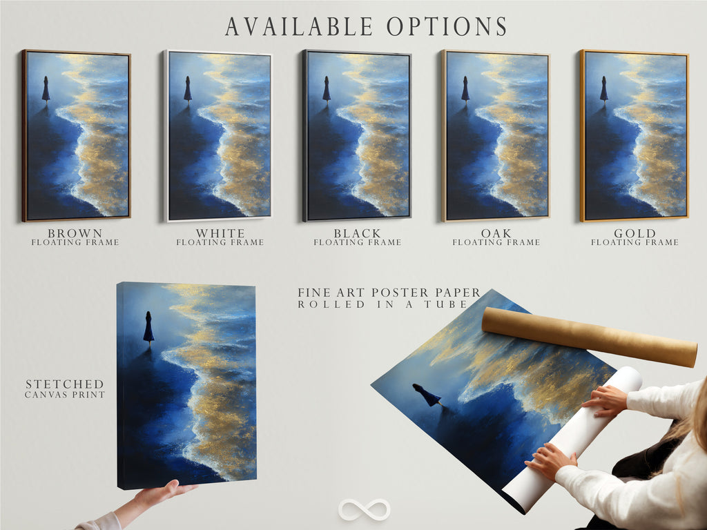 Available options for the Ocean Solitude artwork. Choose from a stretched canvas print a fine art poster paper or a floating frame. Find the perfect style to match your decor. Bring the beauty of the ocean home.