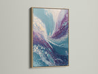 The image showcases an abstract fluid art print in an oak frame. The teal and purple colors create a mesmerizing marble effect. This modern canvas art is ideal for bedroom wall decor. Transform your space with this flowing and contemporary artwork.