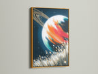 Saturn art presented in a gold frame. The space canvas radiates elegance as galaxy wall art. Enhance your home with this celestial decor. The abstract print is a luxurious bedroom art choice. This planet artwork adds a touch of glamour. The colorful art is truly unique.