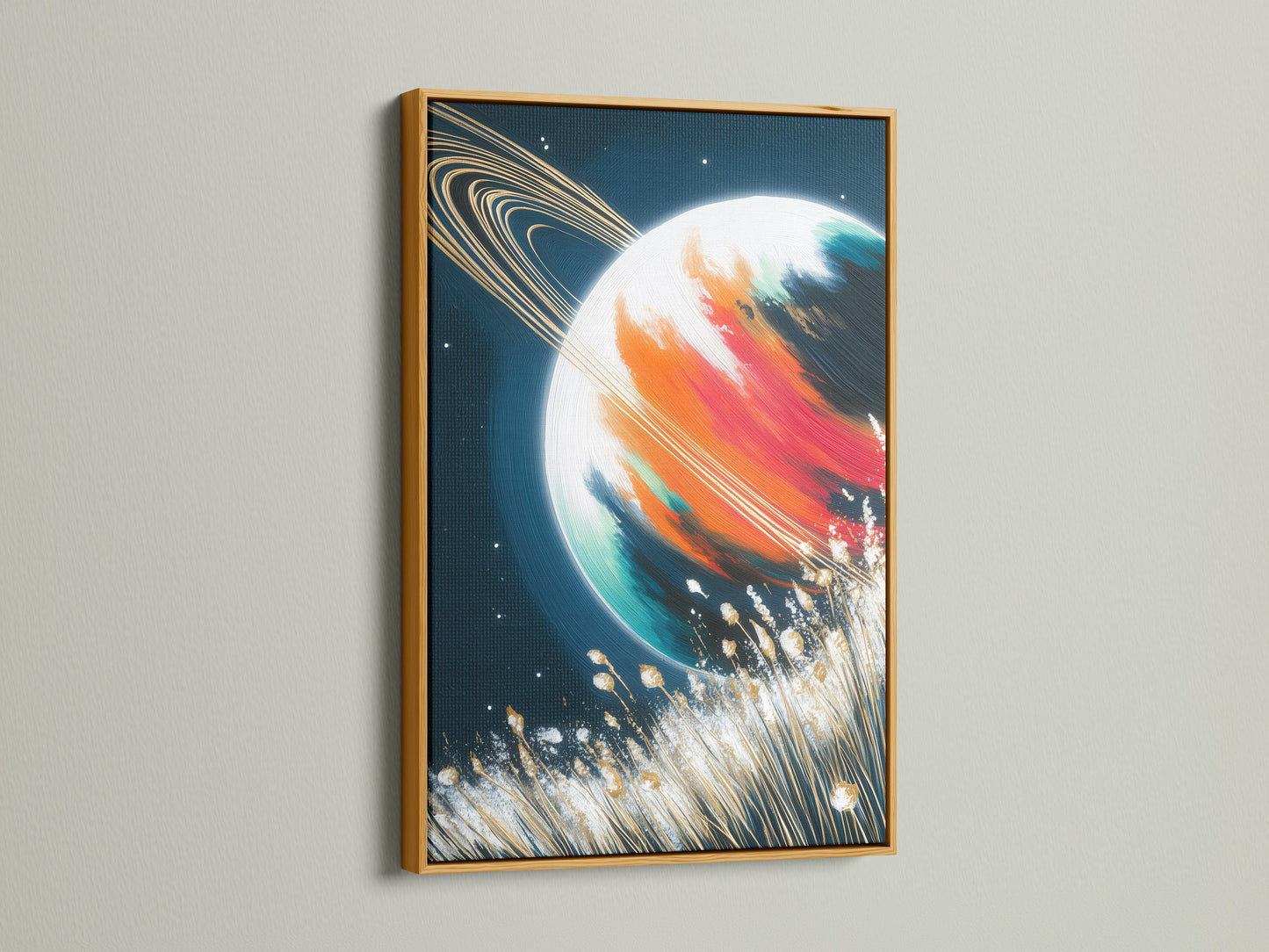 Saturn art presented in a gold frame. The space canvas radiates elegance as galaxy wall art. Enhance your home with this celestial decor. The abstract print is a luxurious bedroom art choice. This planet artwork adds a touch of glamour. The colorful art is truly unique.