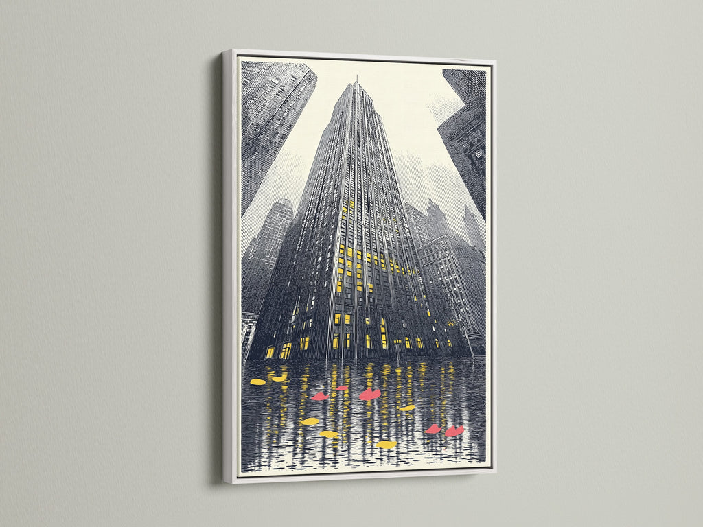 Cityscape artwork is displayed in a clean white frame. The urban wall art complements modern interiors. This architecture print enhances any office or living room space. A perfect piece for those seeking elegant contemporary wall decor.