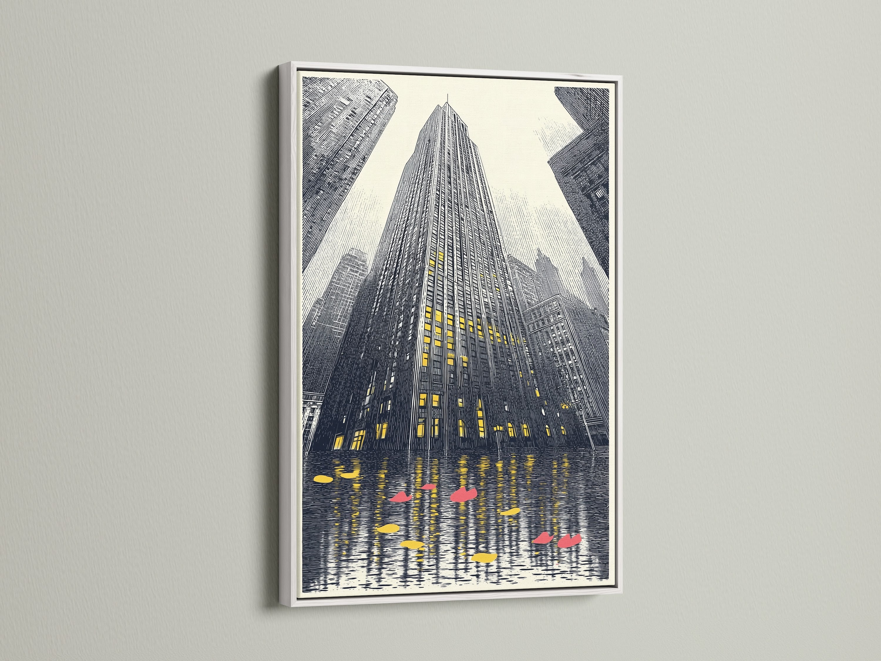 Cityscape artwork is displayed in a clean white frame. The urban wall art complements modern interiors. This architecture print enhances any office or living room space. A perfect piece for those seeking elegant contemporary wall decor.