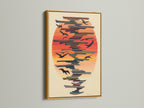 The Birds in Flight artwork is luxuriously displayed in a gold frame. The gold frame adds warmth to the abstract print. Consider the avian art for your home. A sophisticated touch to coastal decor.