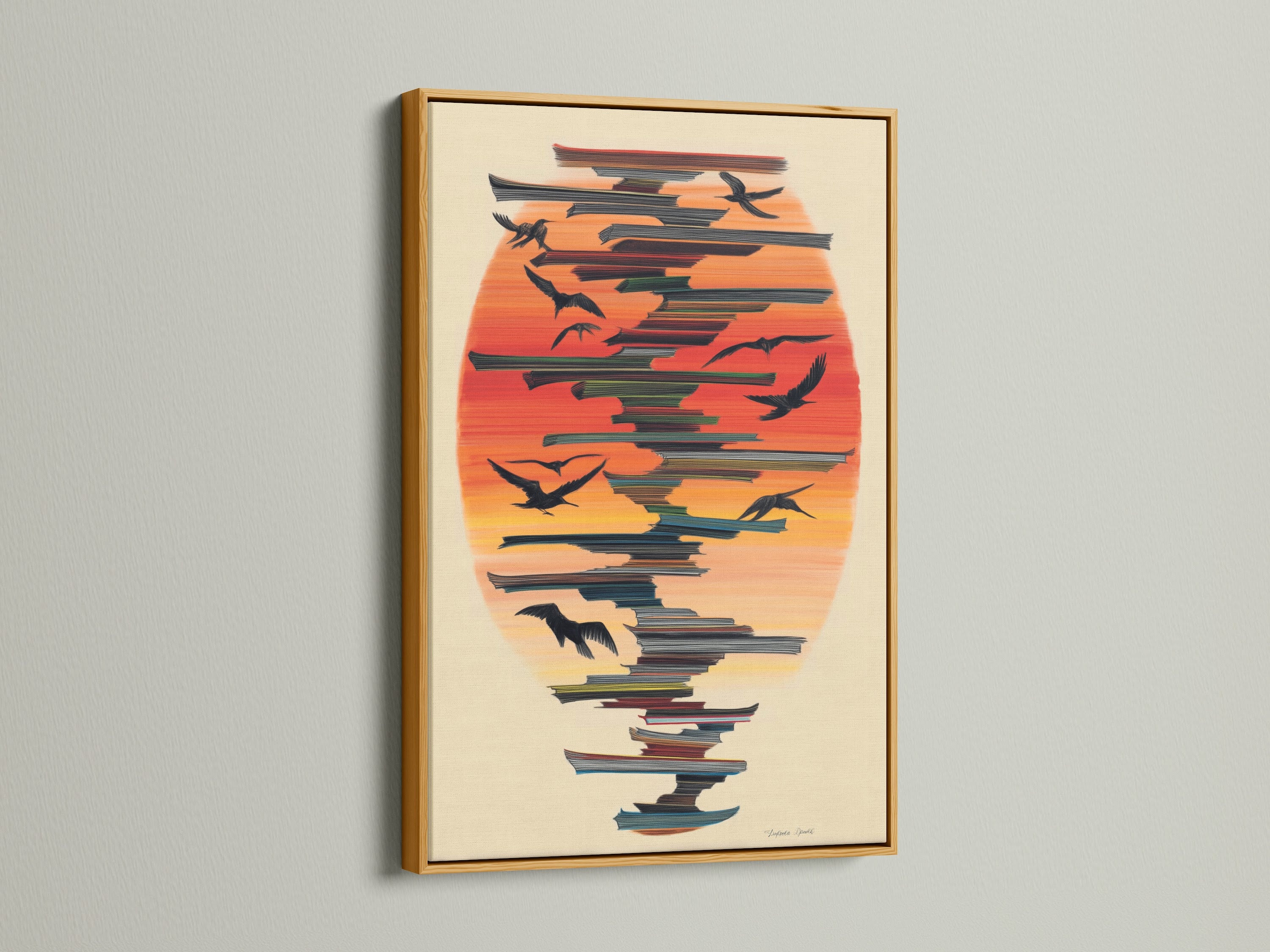 The Birds in Flight artwork is luxuriously displayed in a gold frame. The gold frame adds warmth to the abstract print. Consider the avian art for your home. A sophisticated touch to coastal decor.