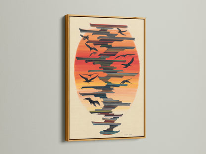 The Birds in Flight artwork is luxuriously displayed in a gold frame. The gold frame adds warmth to the abstract print. Consider the avian art for your home. A sophisticated touch to coastal decor.