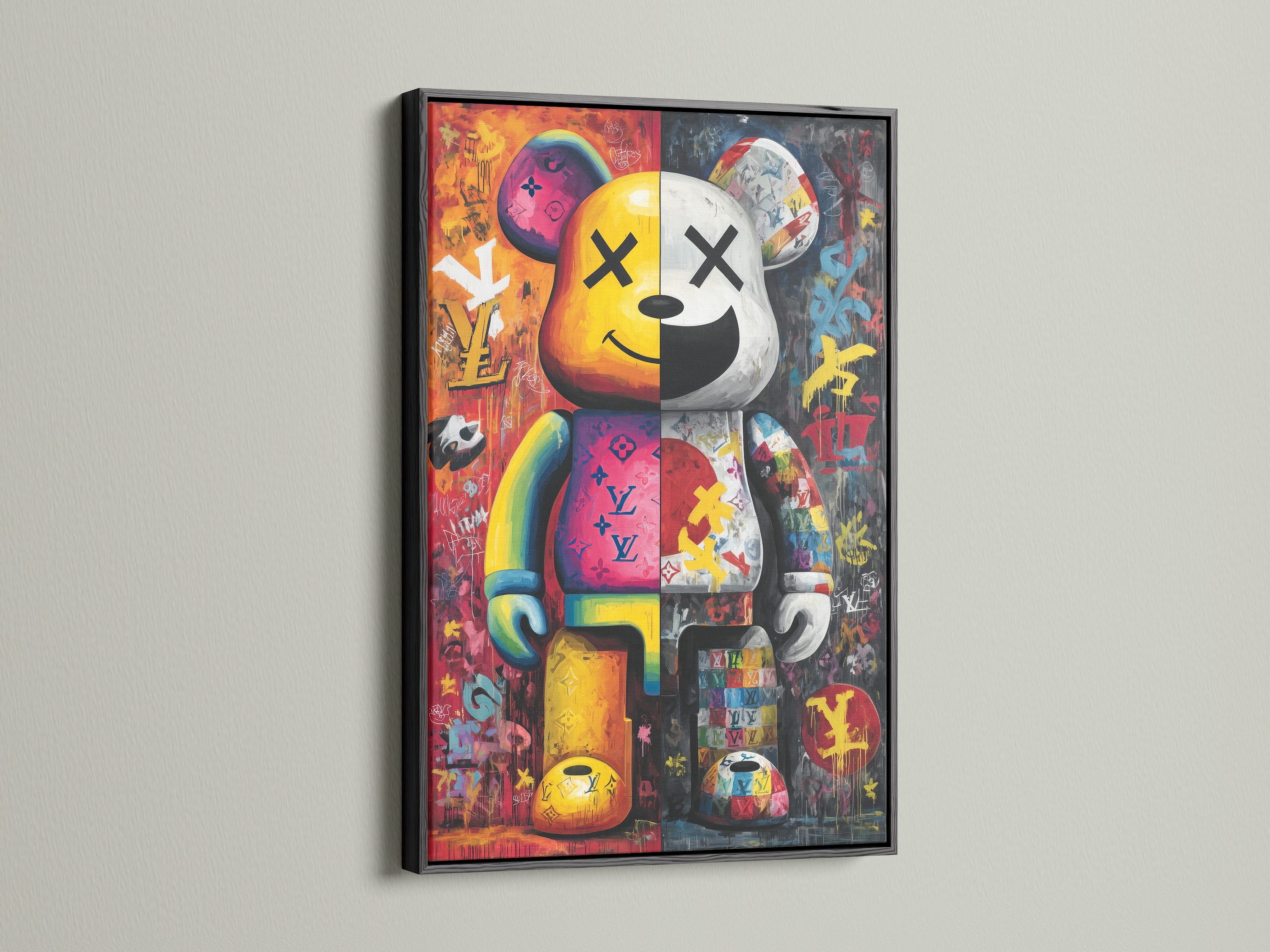 Kaws Companion artwork in a black frame. The colorful bear art stands out against the black. This urban art print adds a bold statement. The black frame creates a sleek modern aesthetic.