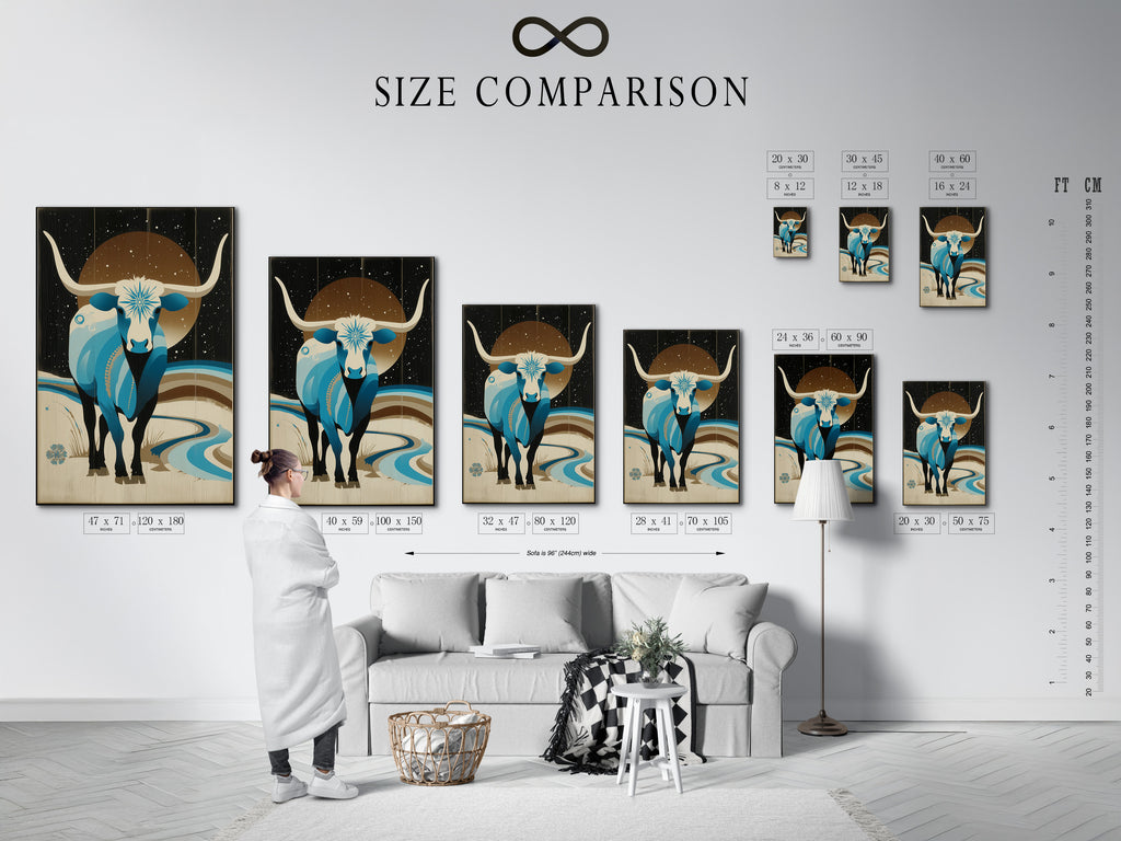 Size comparison chart in an interior setting. Featuring the Celestial Bull artwork. See how this Western wall decor fits in your space. Perfect for homeowners and renters. Visualize the beauty of this bull canvas art today.
