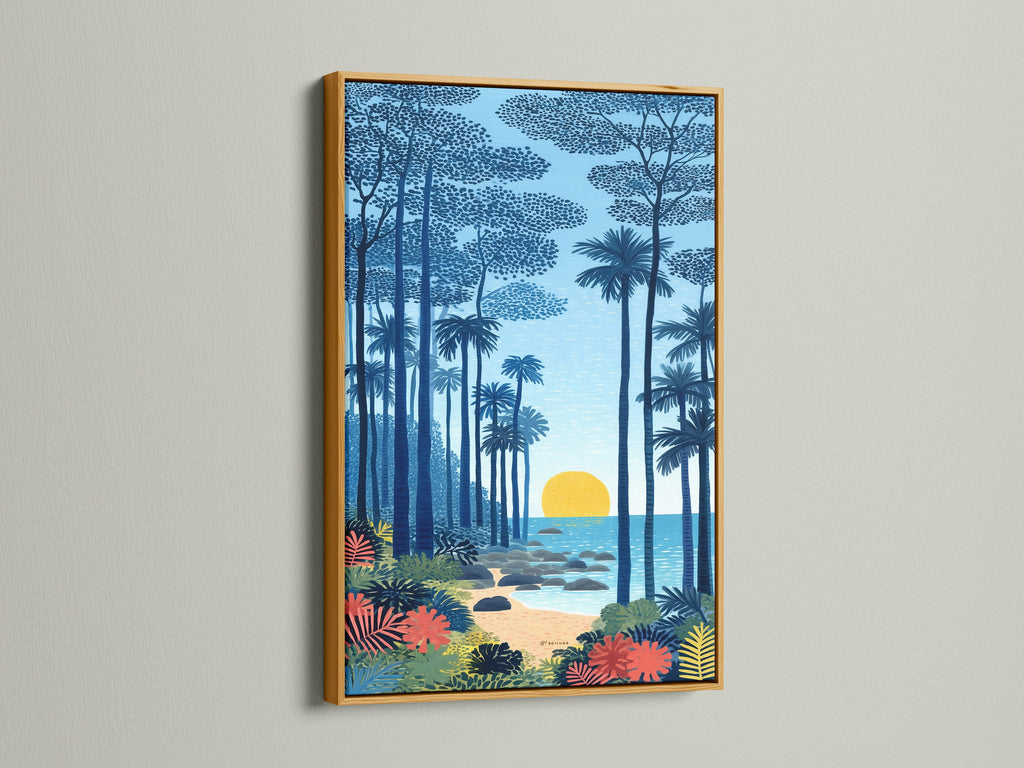 Elevate your space with this tropical beach artwork in a gold frame. This coastal artwork features a beautiful seashore wall art. The indigo blue and gold art create a luxurious feel. Perfect for homeowners and real estate professionals. Enhance your living room or bedroom with this stunning piece.