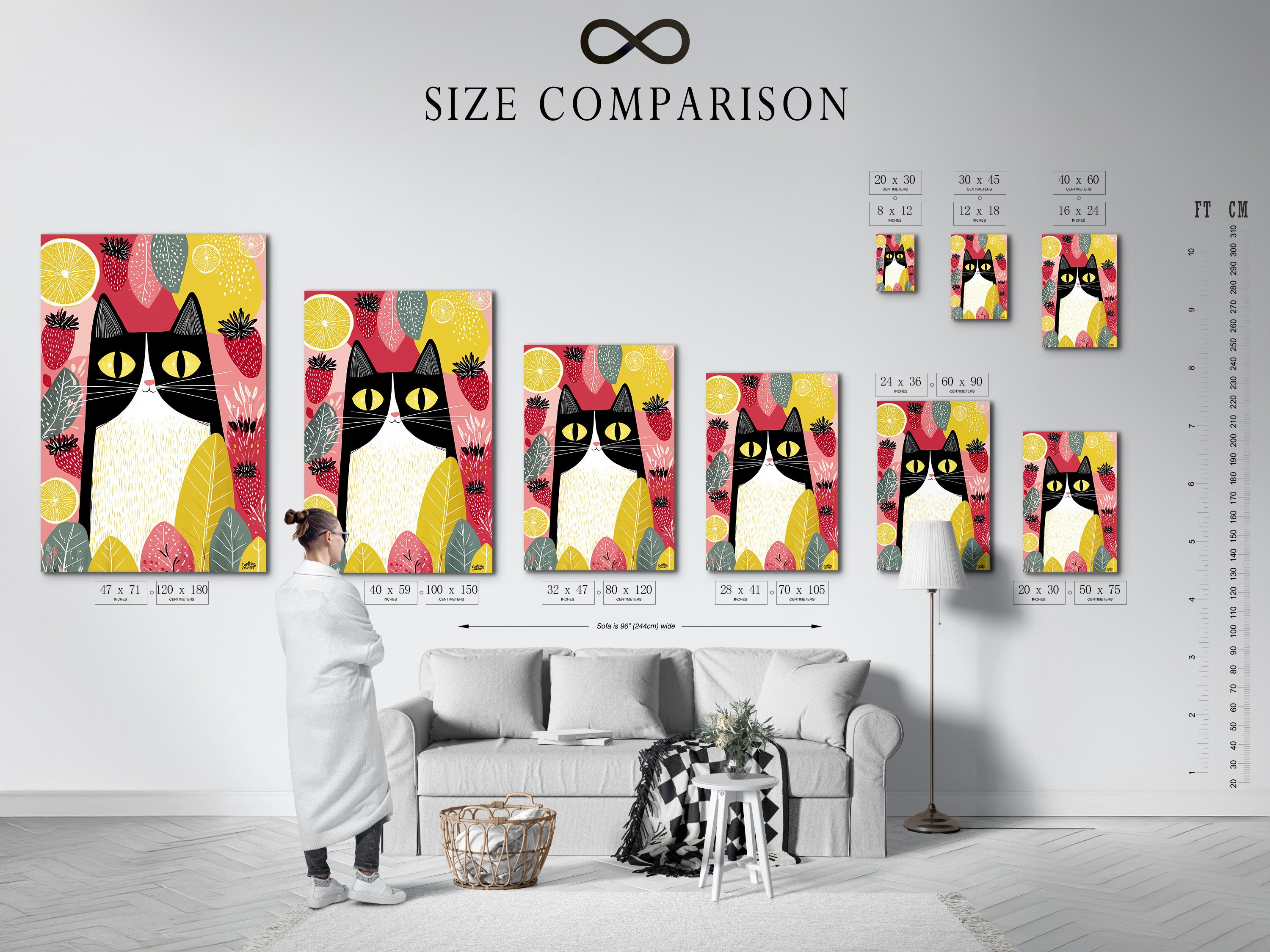 A size comparison chart is displayed in an interior setting. Various sizes are available for this cat art print. Choose the perfect size for your kitchen wall art. The modern folk cat canvas will enhance any room. It is ideal for adding personality to your space.