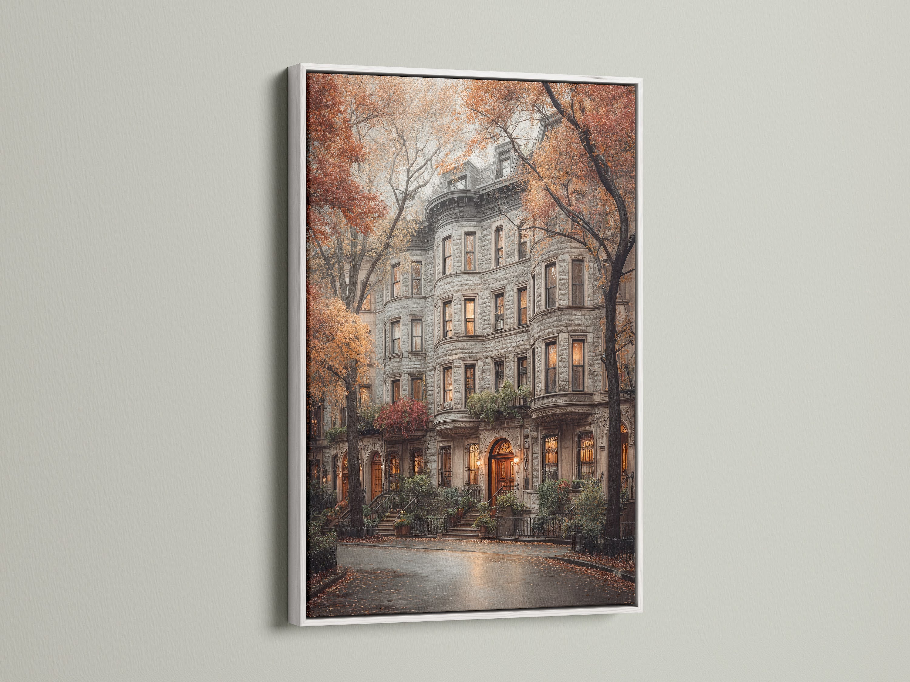 A white frame highlights the intricate details of this cityscape print. The Brownstone Canvas Print captures vintage architecture in an autumn setting. Enhance your living room or office with this elegant artwork.