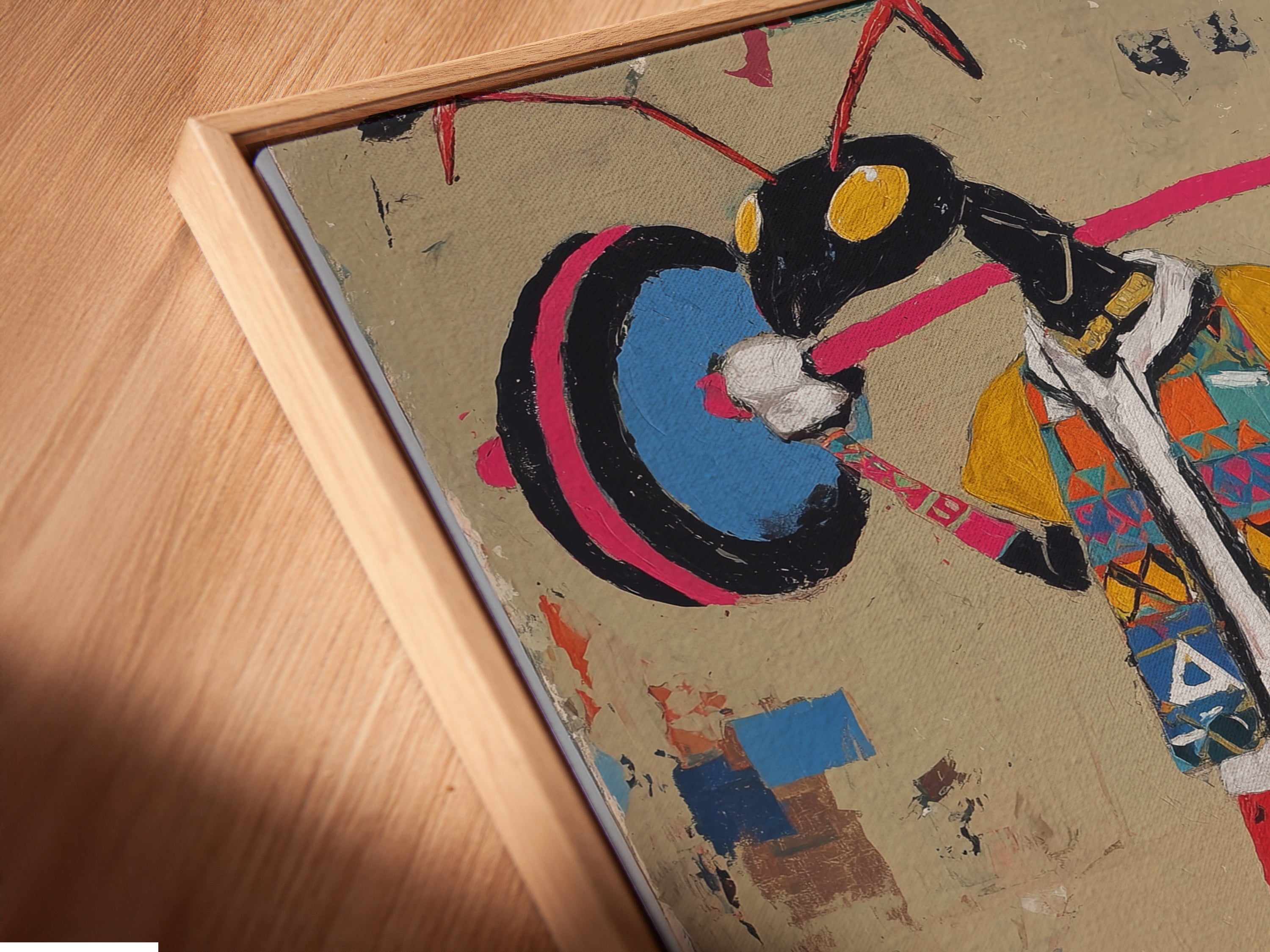 Angled close-up of a canvas print featuring weightlifter art. The print is set in a floating frame. This retro gym wall art enhances any space. The vintage fitness canvas print is perfect for home gym decor. It's ideal for those seeking playful wall decor with a minimalist style. This fitness art print brings a touch of workout motivation.