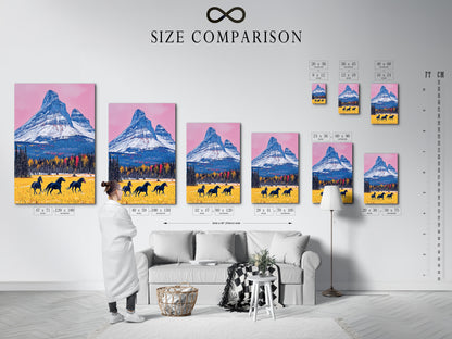 A size comparison chart is displayed in an interior setting. See how the mountain horse artwork fits in your space. Choose the perfect size for your rustic art print. Visualize your western wall decor before you buy. Find the ideal landscape canvas for your home.