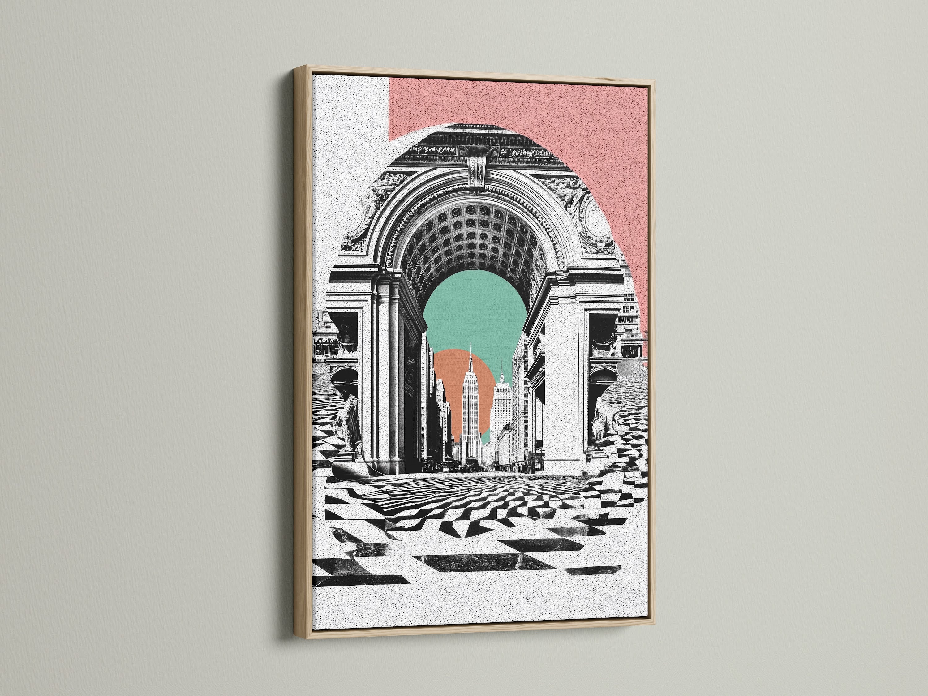 The New York Arch canvas print is displayed in an oak frame. The retro cityscape wall art is perfect for minimalist decor. This artwork brings a modern touch to any room. Explore our oak frame option today