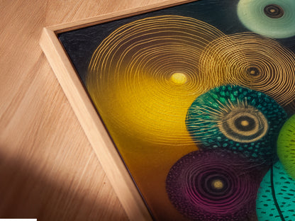 A close-up shot of a canvas print in a floating frame. The abstract floral art features teal and gold botanical elements. This modern nature artwork enhances any space. Perfect for adding a contemporary touch. This scandi decor piece is ideal for homes and offices.